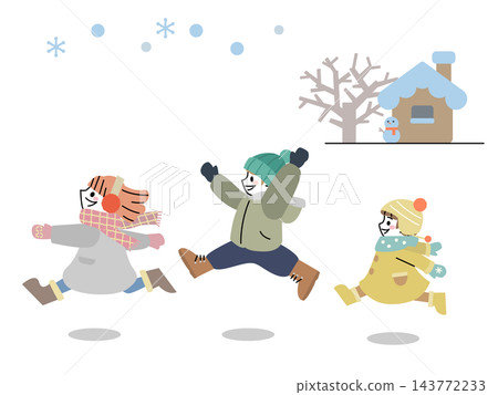 一幅描繪三個孩子在雪地裡快樂奔跑的平面插畫。 143772233