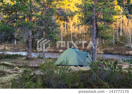 Green camping tent beside river in northern forest during spring evening in Finnish Lapland 143773170