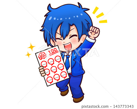 Q版人物插畫素材3：一個男孩在考試中獲得滿分後高興地揮拳慶祝。 143773343