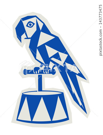 Retro circus parrot vector illustration. Trained macaw or exotic parrot bird on a pedestal perch. Vintage carnival character icon with decorative border isolated on white background 143773475