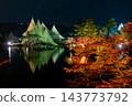 夜幕降臨，兼六園白雪皚皚的樹木和秋葉倒映在水面上。 143773792