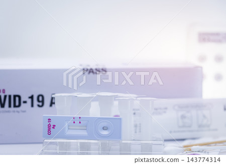 Covid 19 antigen self test for nasal swab. Antigen test kit for home use to detection coronavirus infection. Rapid antigen test. Corona virus diagnosis. Medical device for covid-19 antigen test. 143774314