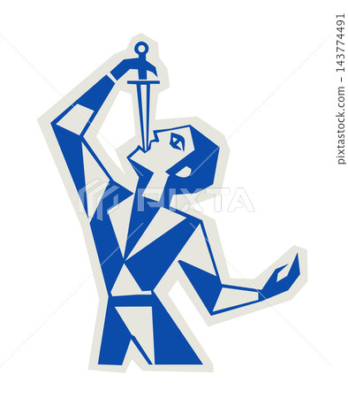 Retro circus sword swallower vector illustration. Fakir or performer swallowing a sharp dagger. Vintage carnival character icon with decorative border isolated on white background 143774491