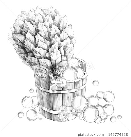 A bath broom and a wooden bucket with soap bubbles. A pencil-style illustration designed for websites related to bathhouses and saunas, spas, natural cosmetics shops, and bath accessories. 143774528