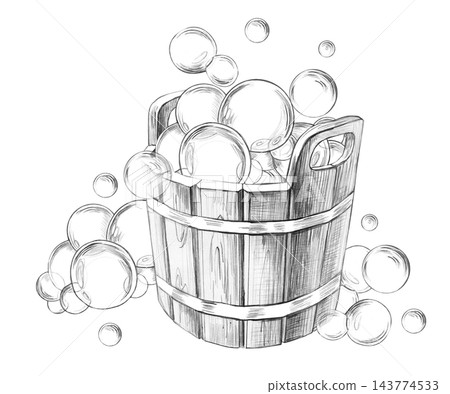 Soap bubbles in a wooden bucket, rendered as a pencil illustration. Suitable for the design of websites related to bathhouses, saunas, spa treatments, wellness, and relaxation. Soap bubbles in a wooden bucket, rendered as a pencil illustration. Suitable for the design of websites related to bathhouses, saunas, spa treatments, wellness, and relaxation. 143774533