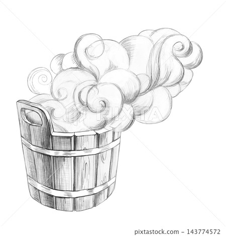 Steam rising from a wooden bucket, depicted in a pencil-style illustration. Suitable for the design of websites related to bathhouses, saunas, spa treatments, wellness, and relaxation. Steam rising from a wooden bucket, depicted in a pencil-style illustration. Suitable for the design of websites related to bathhouses, saunas, spa treatments, wellness, and relaxation. 143774572