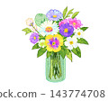 A watercolor illustration of a colorful bouquet in a glass bottle. 143774708
