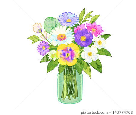 A watercolor illustration of a colorful bouquet in a glass bottle. A watercolor illustration of a colorful bouquet in a glass bottle. 143774708