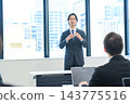 Business people discussing their opinions in a meeting against a backdrop of urban scenery. 143775516