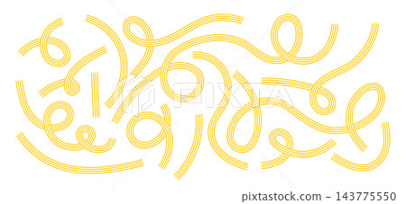 Set of yellow striped curvy lines isolated on white background. Pasta, ramen, spaghetti or noodle design elements for Japanese, Chinese or Italian cuisine poster or menu. Vector flat illustration 143775550