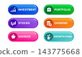 Investment button set with portfolio, stocks, dividend, savings, growth fund, colorful panels, finance icons, and modern interface design for wealth management and investing. 143775668