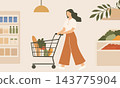 Woman grocery shopping in supermarket. Minimalist flat vector illustration 143775904
