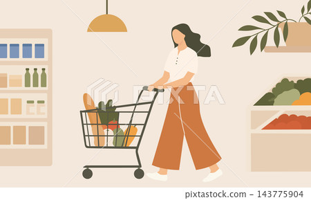 Woman grocery shopping in supermarket. Minimalist flat vector illustration Woman grocery shopping in supermarket. Minimalist flat vector illustration 143775904