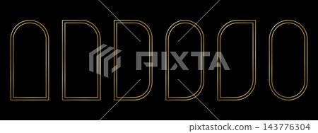 Set of concentric double golden arch and rectangular frames. Luxury gold borders for wedding invitations or greeting cards, event or party banners isolated on black background. Vector illustration Set of concentric double golden arch and rectangular frames. Luxury gold borders for wedding invitations or greeting cards, event or party banners isolated on black background. Vector illustration 143776304