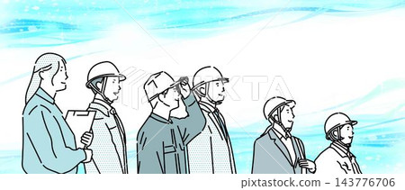 Male and female construction workers wearing helmets and looking towards the future - Banner, web ad, and header illustration material. Male and female construction workers wearing helmets and looking towards the future - Banner, web ad, and header illustration material. 143776706
