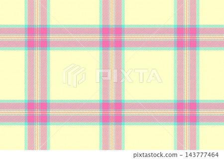 A seamless pastel plaid pattern featuring crisscross lines in vibrant pink, soft turquoise, and yellow. This cheerful, trendy textile design is ideal for spring fashion, stationery, or gift wrap. 143777464