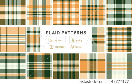 Seamless plaid pattern in dark green, warm orange, and cream. Classic tartan design with a rustic aesthetic, perfect for autumn textiles, cozy backgrounds, and traditional fashion projects. Seamless plaid pattern in dark green, warm orange, and cream. Classic tartan design with a rustic aesthetic, perfect for autumn textiles, cozy backgrounds, and traditional fashion projects. 143777477