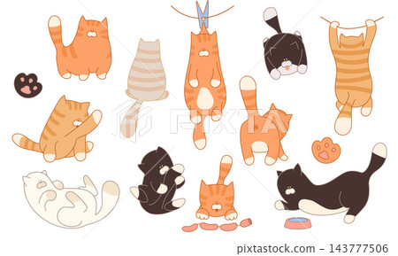 This delightful vector set features charming handdrawn cats in various playful poses. Perfect for childrens stationery, web design, or cute stickers, these feline characters add joyful energy. 143777506