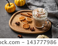 Pumpkin Spice Latte with Whipped Cream and Cinnamon Cookies 143777986