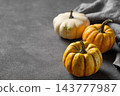 Decorative multicolored autumn pumpkins on a dark background. 143777987