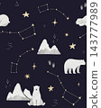 Seamless pattern with polar bear and constellation set of Ursa Minor or Little Dipper and Ursa Major or Great Bear. Watercolor hand painting dark background with white animal for wrapping paper 143777989