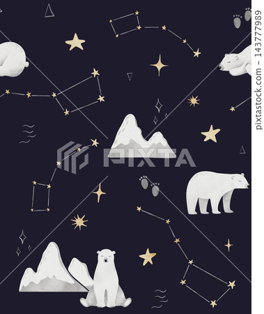 Seamless pattern with polar bear and constellation set of Ursa Minor or Little Dipper and Ursa Major or Great Bear. Watercolor hand painting dark background with white animal for wrapping paper Seamless pattern with polar bear and constellation set of Ursa Minor or Little Dipper and Ursa Major or Great Bear. Watercolor hand painting dark background with white animal for wrapping paper 143777989