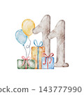 Watercolor Number 11 decorated with balloons, birthday gift boxs. Monthly Eleven milestone card illustration isolated on transparent background for birthday design. 143777990