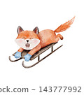 Watercolor joyful cartoon fox with blue mittens zooms downhill on a wooden sled. Wild animal grins with excitement, capturing the thrill of a playful winter ride. For childrens books, greeting cards 143777992