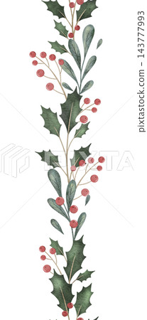 Seamless border with simple botanical elements. Watercolor Twig of conifers evergreen tree, ilex, red berries. Hand drawn frame background. Template for greeting card, Christmas invitation, textile Seamless border with simple botanical elements. Watercolor Twig of conifers evergreen tree, ilex, red berries. Hand drawn frame background. Template for greeting card, Christmas invitation, textile 143777993