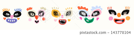 Fun colorful vector face mask set with cat eyes and funny monster mouths, Modern quirky halftone collage for posters and Halloween designs Fun colorful vector face mask set with cat eyes and funny monster mouths, Modern quirky halftone collage for posters and Halloween designs 143778104