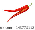 Long red chili pepper with green stem on white background 143778112