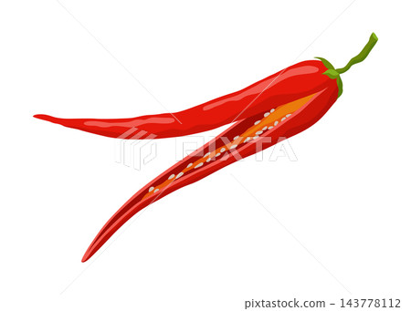 Long red chili pepper with green stem on white background Long red chili pepper with green stem on white background 143778112