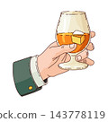 Hand holding glass with strong drink whiskey. Drink whiskey, beverage booze in hand, vintage hand drawing vector illustration 143778119