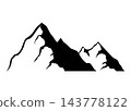 Black mountain, hill and rock silhouette. Vector rocky range and ridge with snow peaks and tops. Mountain nature landscape silhouette, hiking sport, tourism, outdoor adventure and camping themes 143778122