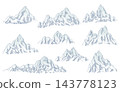 Mountains climbing routes to top rock with red flag on peak. Business journeys path in progress, way to success or concept of goal. Vector illustration 143778123