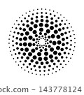 Halftone dotted speed lines circle. Geometric art in circle form. Round swirl movement symbol. Halftone circular dotted frame. Vector design element 143778124