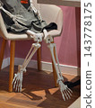 Halloween skeleton decoration seated on upholstered chair features exposed leg bones, dark costume fabric and sunlight. Skeleton display represents seasonal decor, party styling and retail promotion 143778175