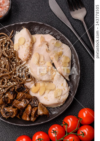 A bowl featuring slices of boiled chicken fillet, buckwheat noodles, and mushrooms A bowl featuring slices of boiled chicken fillet, buckwheat noodles, and mushrooms 143778505