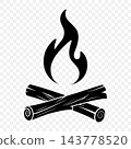 Campfire Icon with Flame and Crossed Logs, Vector Illustration. Black Bonfire and Firewood Silhouette Isolated. Camping, Hiking, Outdoor Adventure and Campsite Vector Illustration 143778520