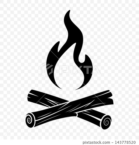 Campfire Icon with Flame and Crossed Logs, Vector Illustration. Black Bonfire and Firewood Silhouette Isolated. Camping, Hiking, Outdoor Adventure and Campsite Vector Illustration 143778520