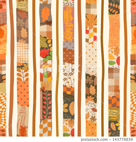Cute vertical stripes vector seamless pattern with autumn leaves, textures and floral elements, Striped background for fall decor 143778839