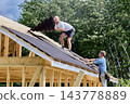 Roofing work at heights during installation of corrugated bitumen sheets on wooden battens above timber frame building under construction. 143778889
