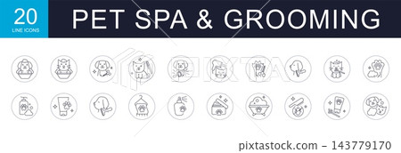 Pet spa and grooming line icons set in round badges with dog, cat, bath, brush and paw. Editable stroke outline symbols for veterinary salon, shop or animal care app. Pet spa and grooming line icons set in round badges with dog, cat, bath, brush and paw. Editable stroke outline symbols for veterinary salon, shop or animal care app. 143779170