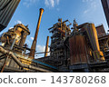 High angle telephoto landscape of historic blast furnace complex with dust collector cyclone orange conical exhaust stack cowper stoves and blue sky in Duisburg Ruhr region Westphalia Germany 143780268
