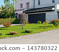 Green lawn around house is decorated with thuja and rose bushes 143780322