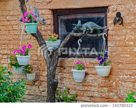 Flower pots with blooming petunias against background of old brick wall Flower pots with blooming petunias against background of old brick wall 143780323