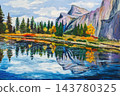 Reflection of rocky shore in forest lake, oil painting 143780325
