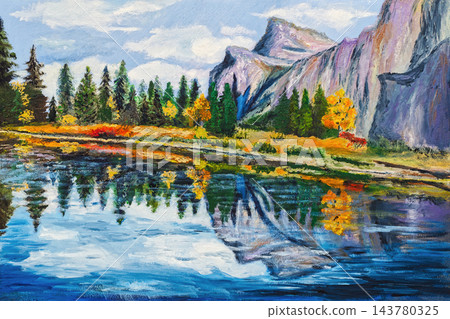 Reflection of rocky shore in forest lake, oil painting 143780325