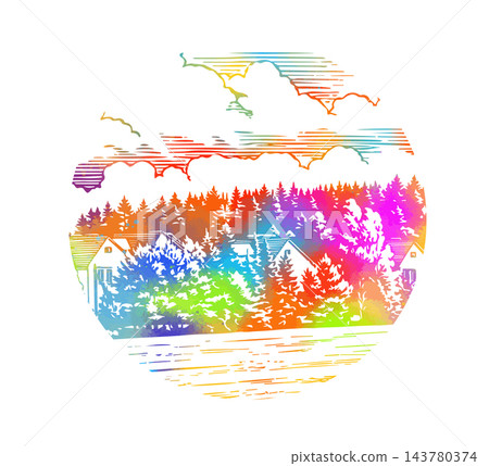 Vector illustration of beautiful colored summer landscape field and the forest. Hand drawn. Not AI 143780374