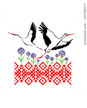 ornament for printing Slavic national with a flying stork. Hand drawn. Not AI, vector illustration. ornament for printing Slavic national with a flying stork. Hand drawn. Not AI, vector illustration. 143780377